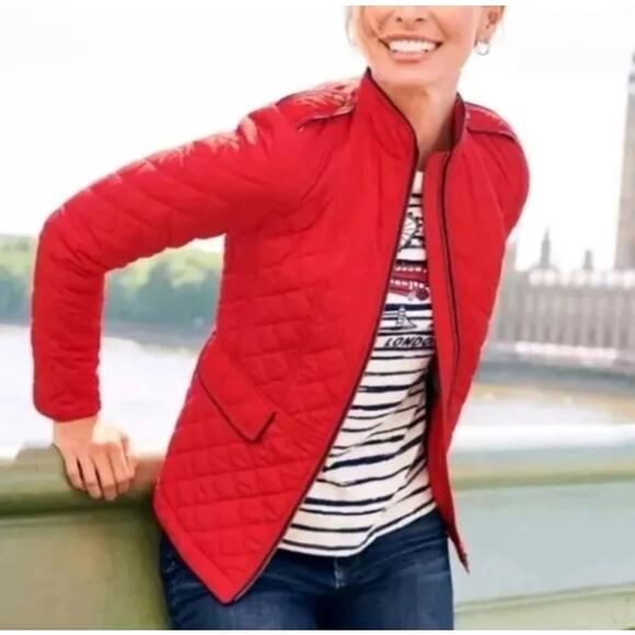 Talbots Diamond Quilted Military Jacket Red Size Medium Zipper Front - Picture 2 of 15